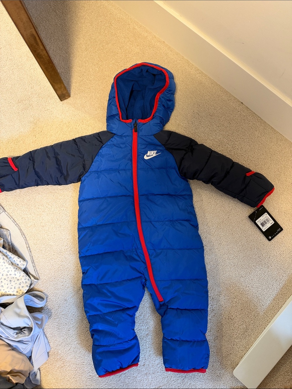 Nike Blue and Navy Puffer One-Piece Footed Snow Suit with Red Trim